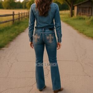 LA Idol Cross Rhinestone Bootcut Jeans Flap Pocket Blue Denim Embellished Sze 31